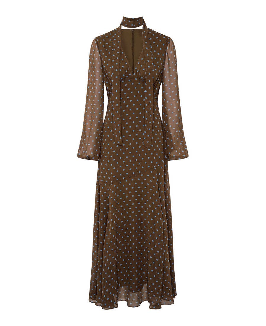Chocolate Spot Tie Neck Maxi Dress