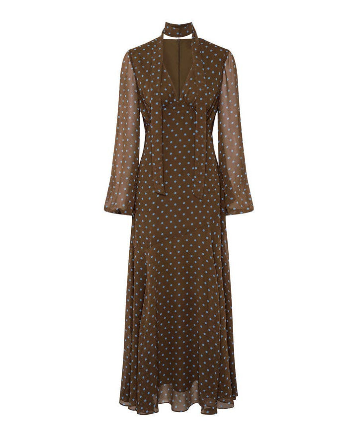 Chocolate Spot Tie Neck Maxi Dress