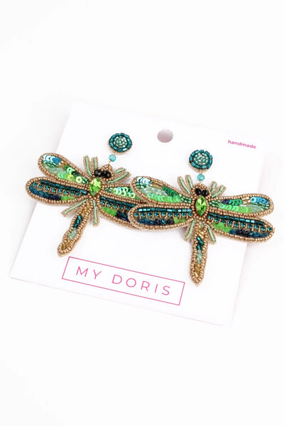 Statement Beaded Dragonfly Earrings in Green