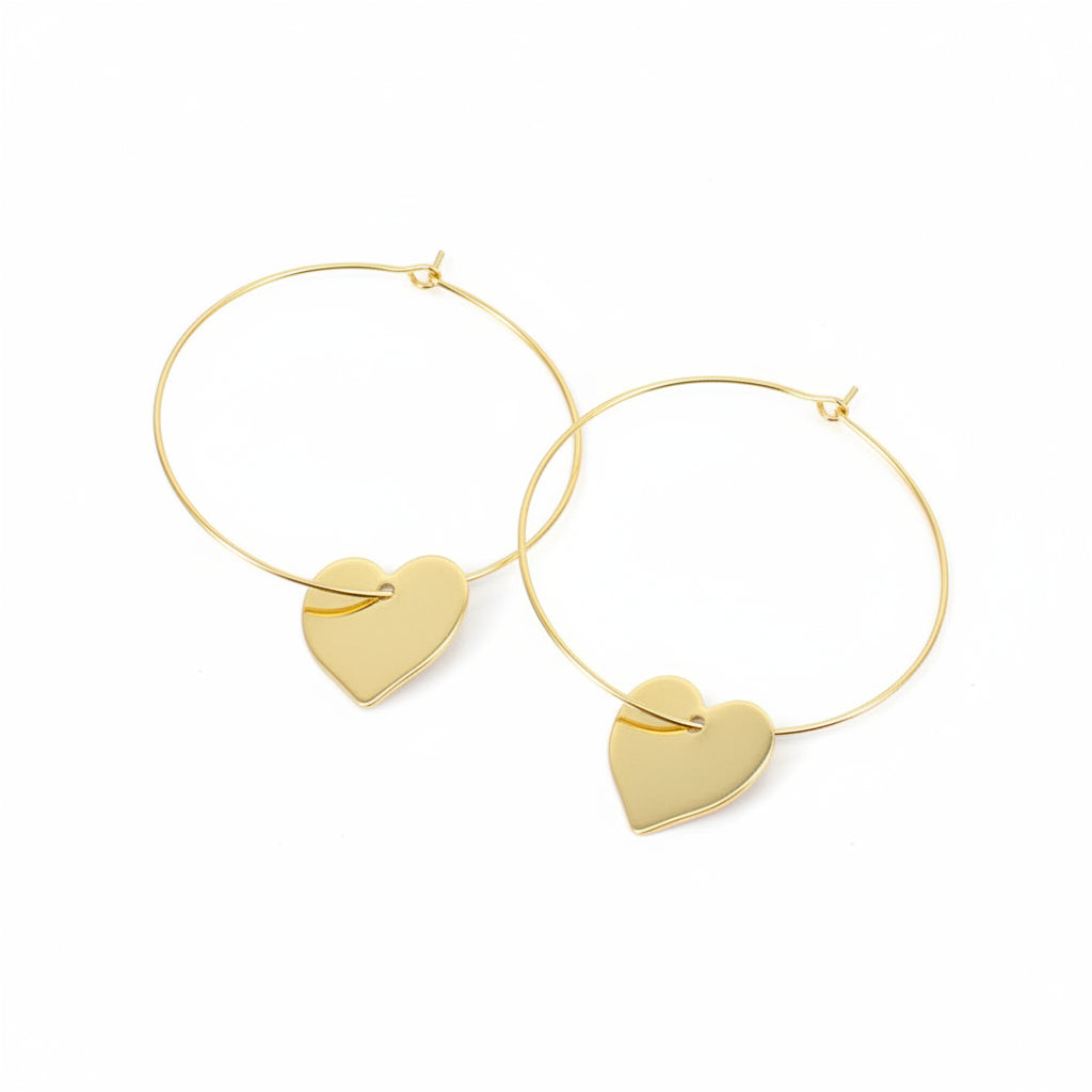 SIMPLE HOOP EARRINGS WITH HEART CHARM [GOLD-PLATE]