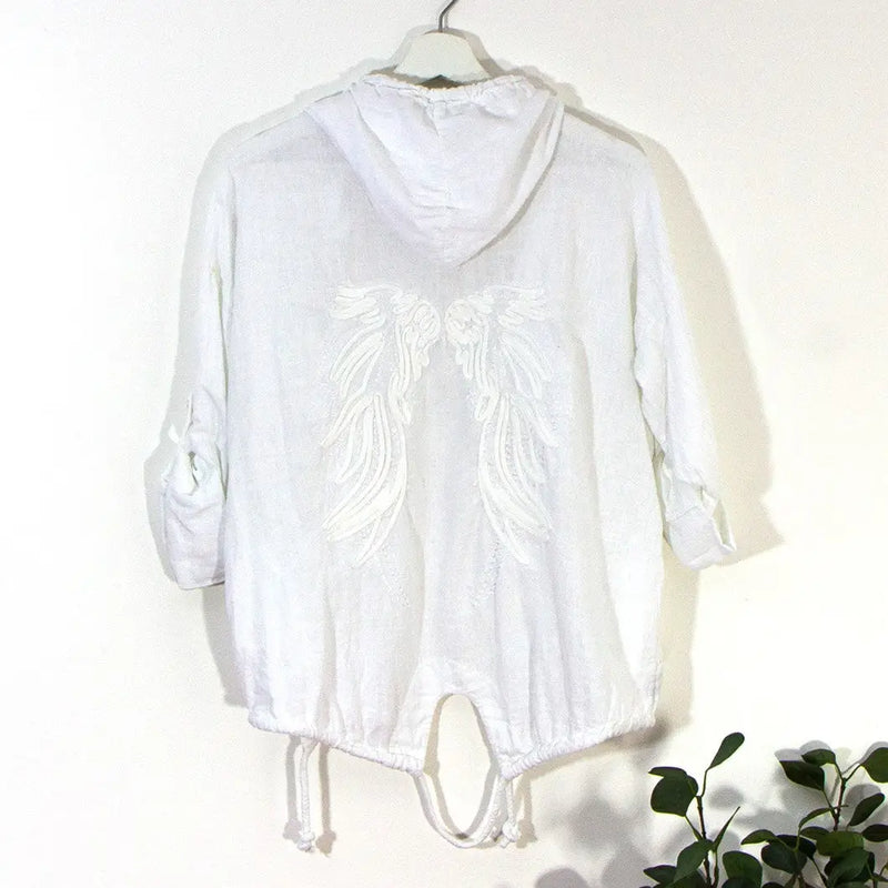 Seraphine Embroidered Wing Back Linen Open Hoodie