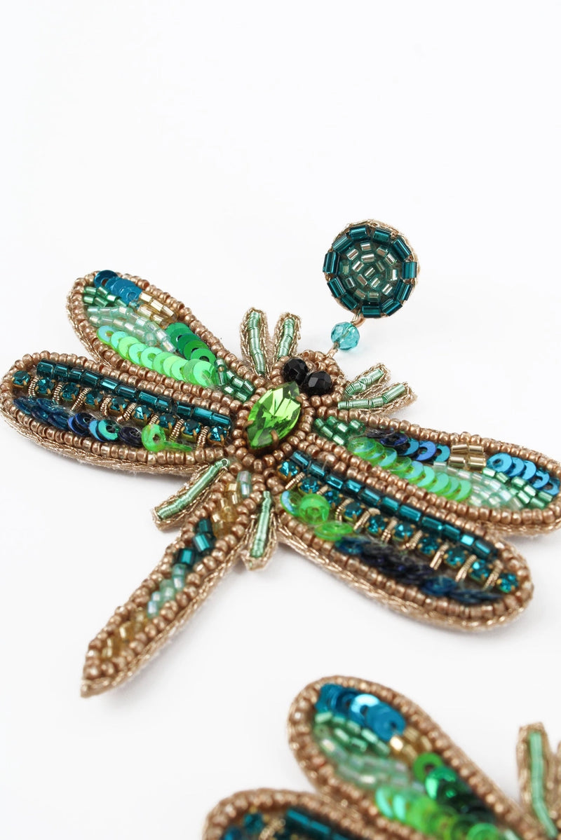 Statement Beaded Dragonfly Earrings in Green