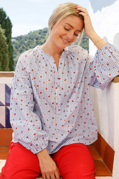 Witty Blouse in Blue Gingham & Cherry