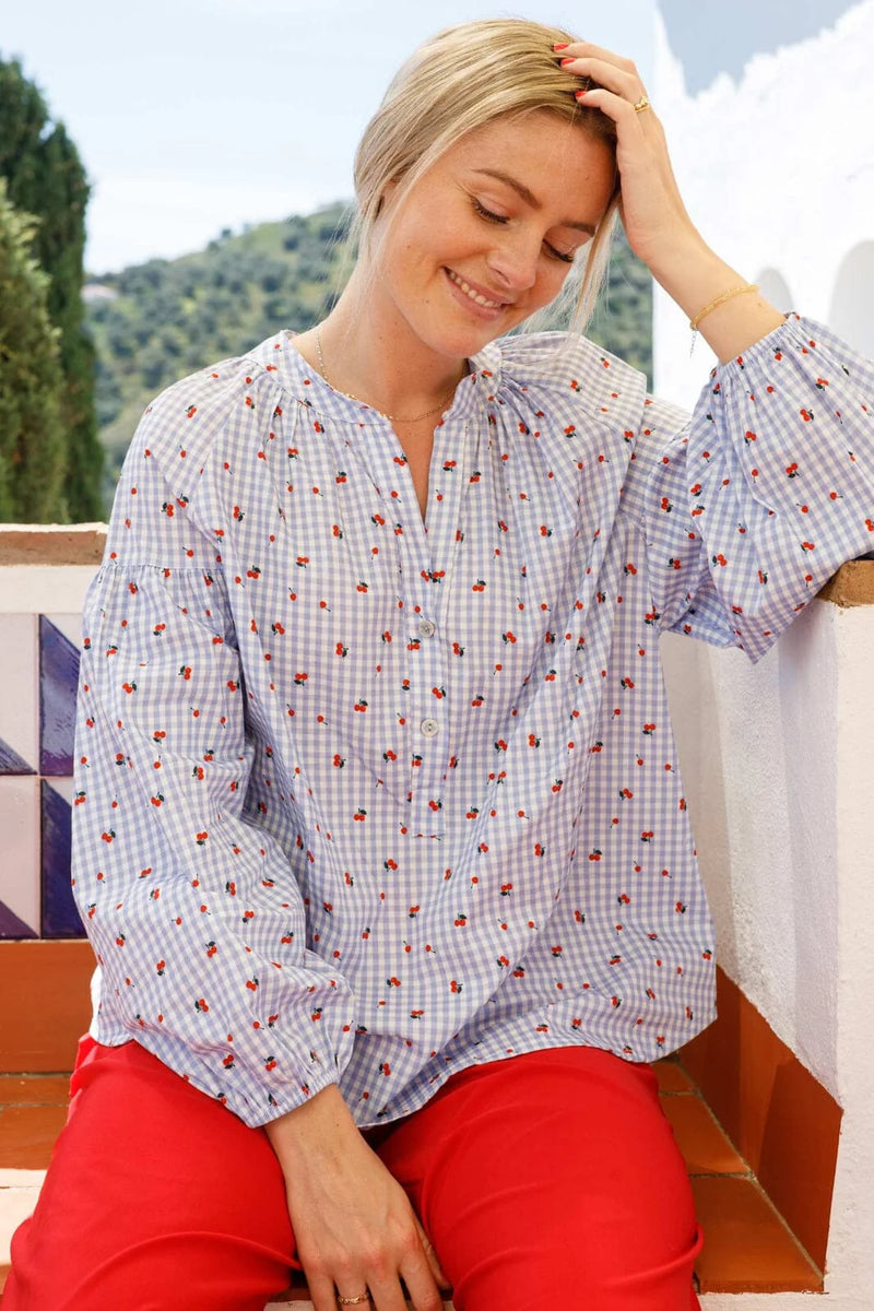 Witty Blouse in Blue Gingham & Cherry