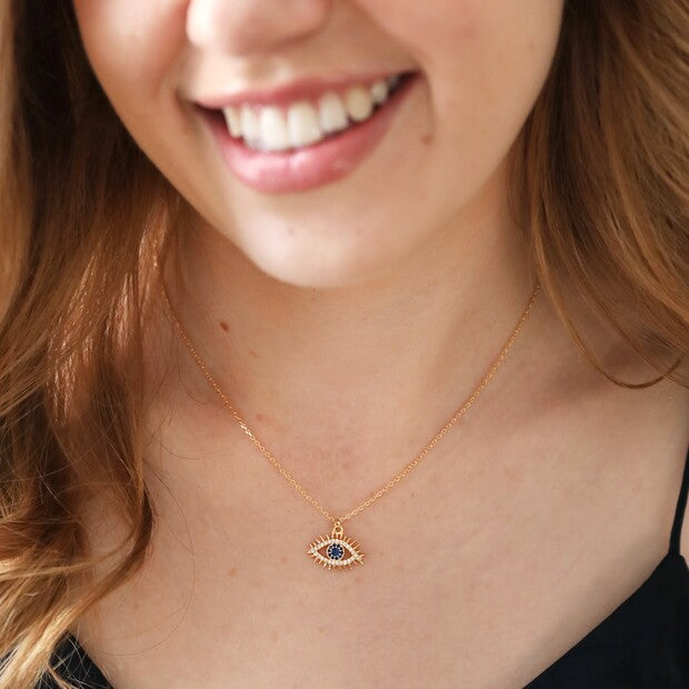 Blue Crystal Eye Pendant Necklace in Gold