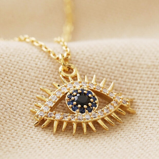 Blue Crystal Eye Pendant Necklace in Gold