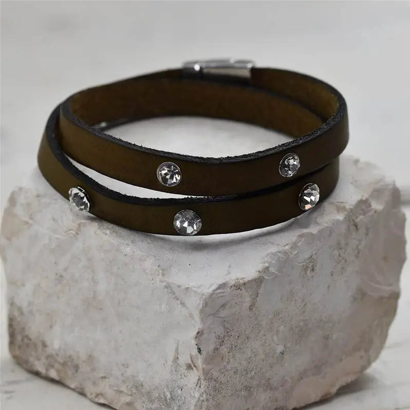 Wraparound Leather & Crystal Stud Bracelet