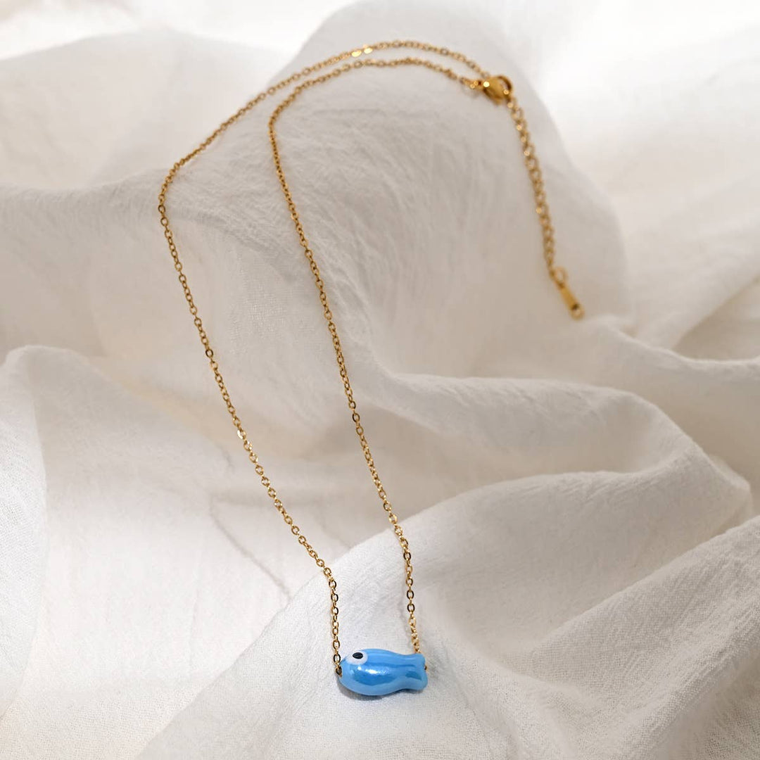 Ceramic Fish Pendant Necklace in Blue &amp; Gold