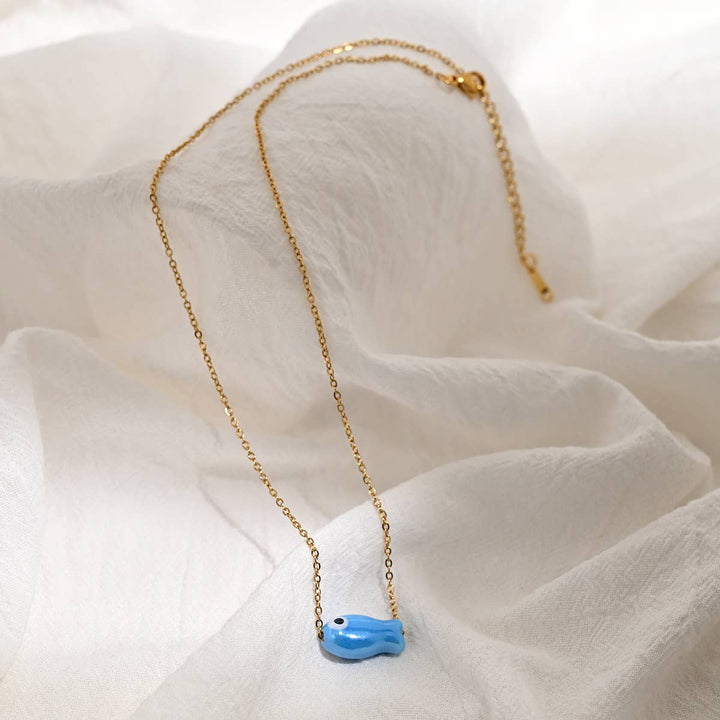 Ceramic Fish Pendant Necklace in Blue &amp; Gold