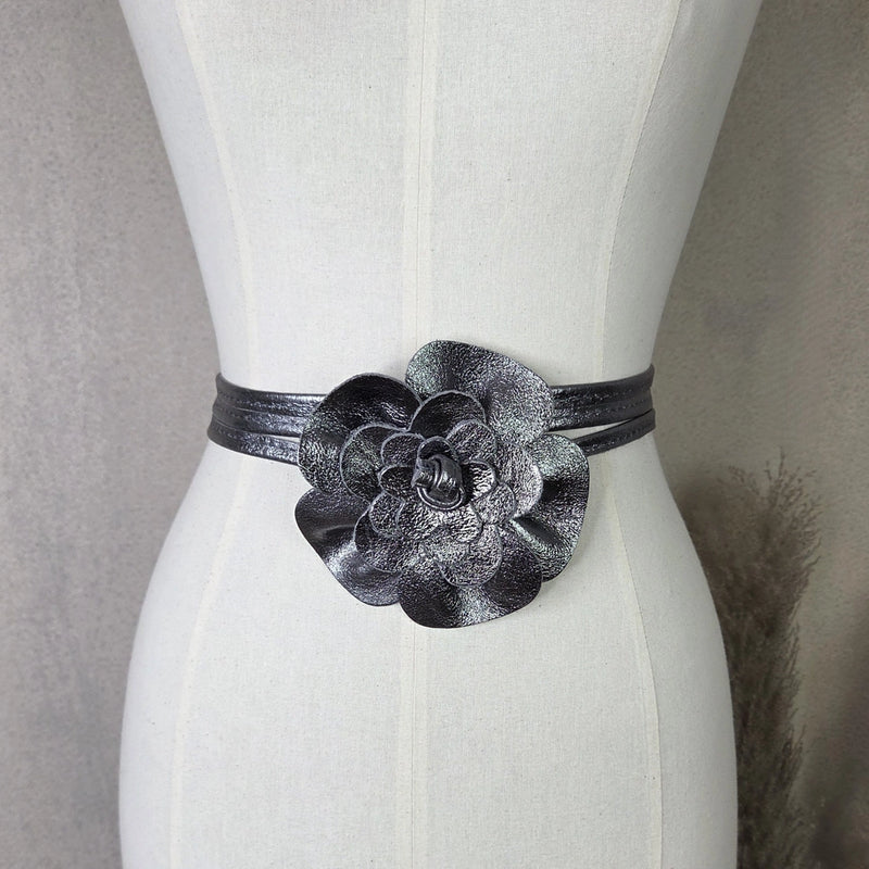 Leather Flower Wraparound Tie Belt
