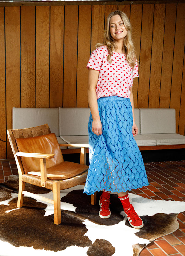 Freya Broderie Midi Skirt in Ocean Blue
