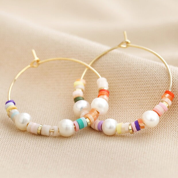 Bead & Pearl Hoop Earrings in Gold
