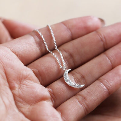 Crystal Crescent Moon Necklace in Silver