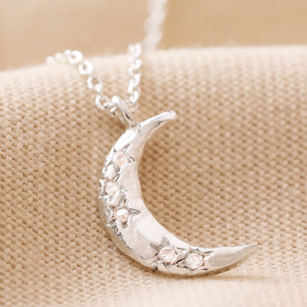 Crystal Crescent Moon Necklace in Silver
