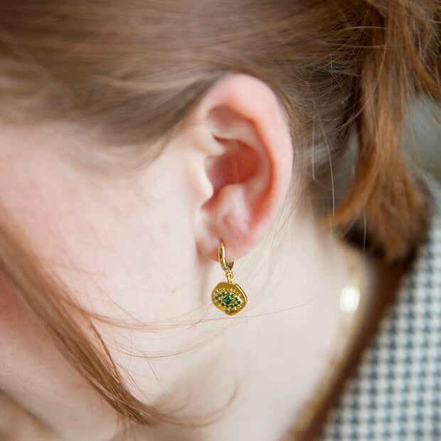 Green Crystal Eye Huggie Hoop Earrings