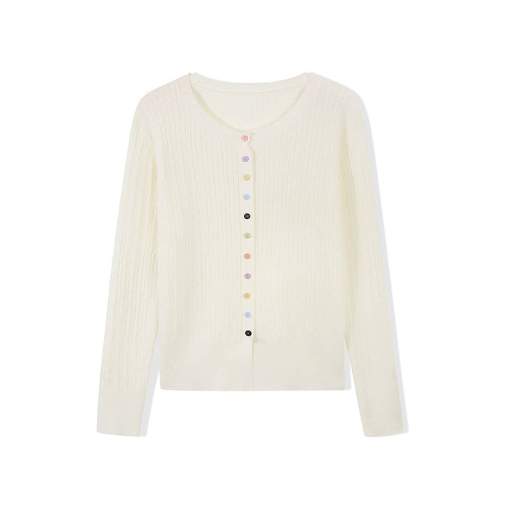 Fine Knit Cable Knit Cardigan with Multi Buttons in Off White