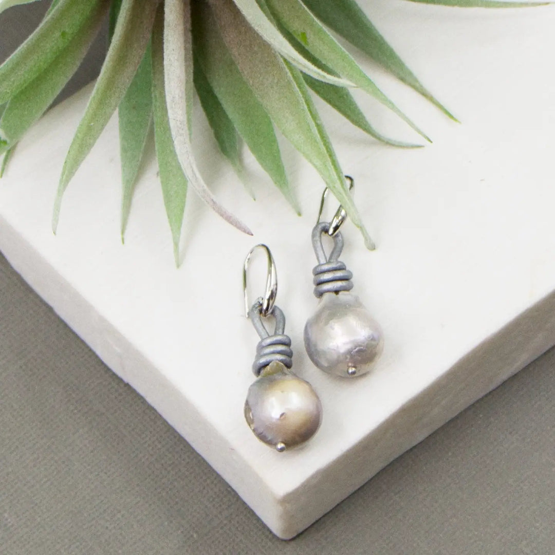 Leather Knot &amp; Real Grey Pearl Earrings
