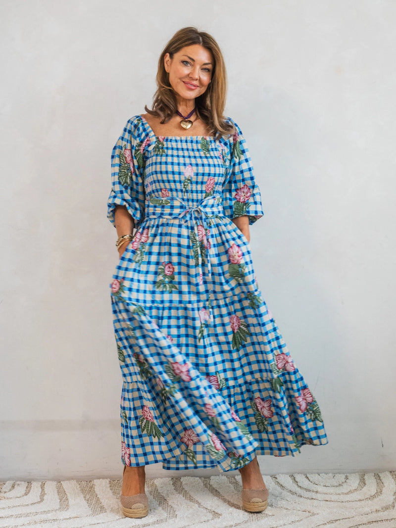 Honour Shirred Midi Dress in Gingham Flower Blue