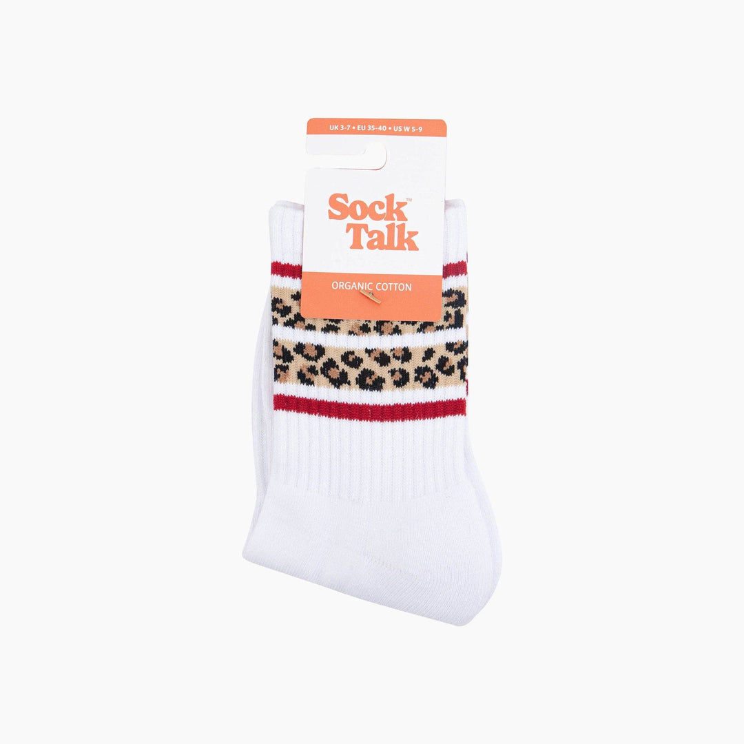 Leopard Print Striped Combed Cotton Sports Socks in White: UK 3-7 | EU 36-40 | US 5-9