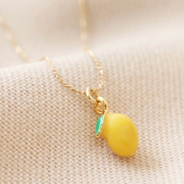 Lemon Enamel Pendant Necklace in Gold