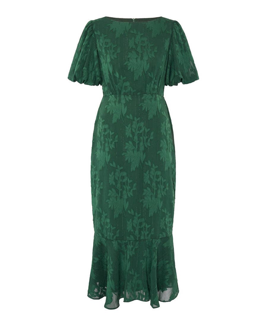 Forest Green Jacquard Puff Sleeve Midi Dress