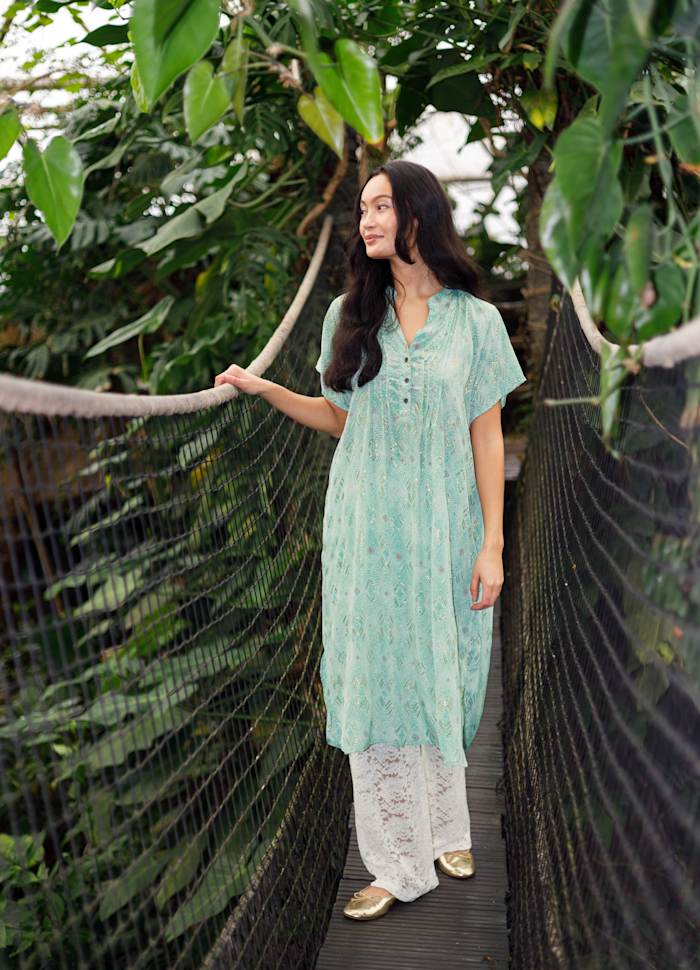 Luna Pleat Tunic Dress in Green Argyle