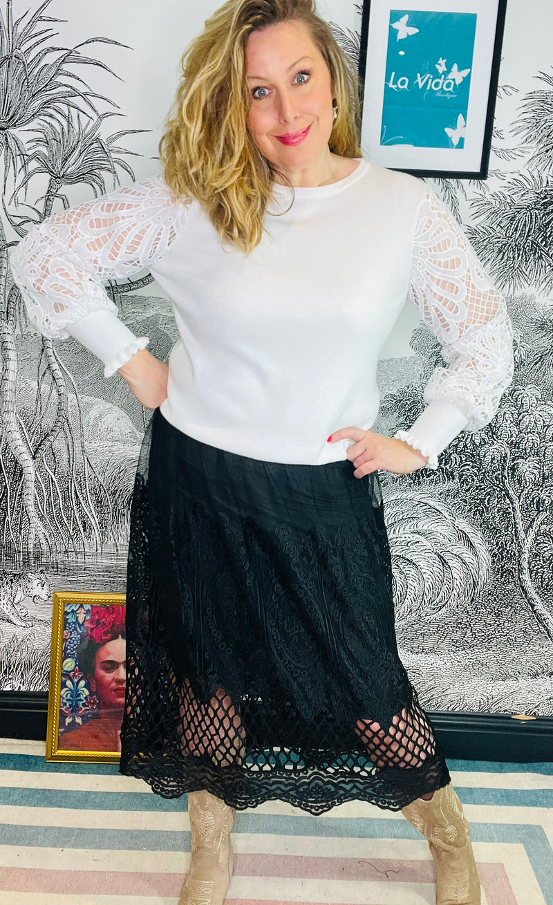 Eloise Embroidered Trellis Midi Skirt