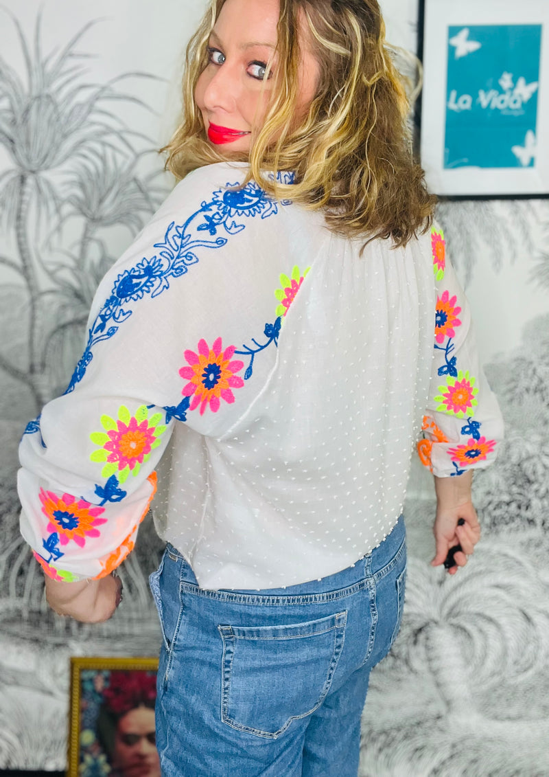 Elina Eclectic Embroidery Tie Front Blouse