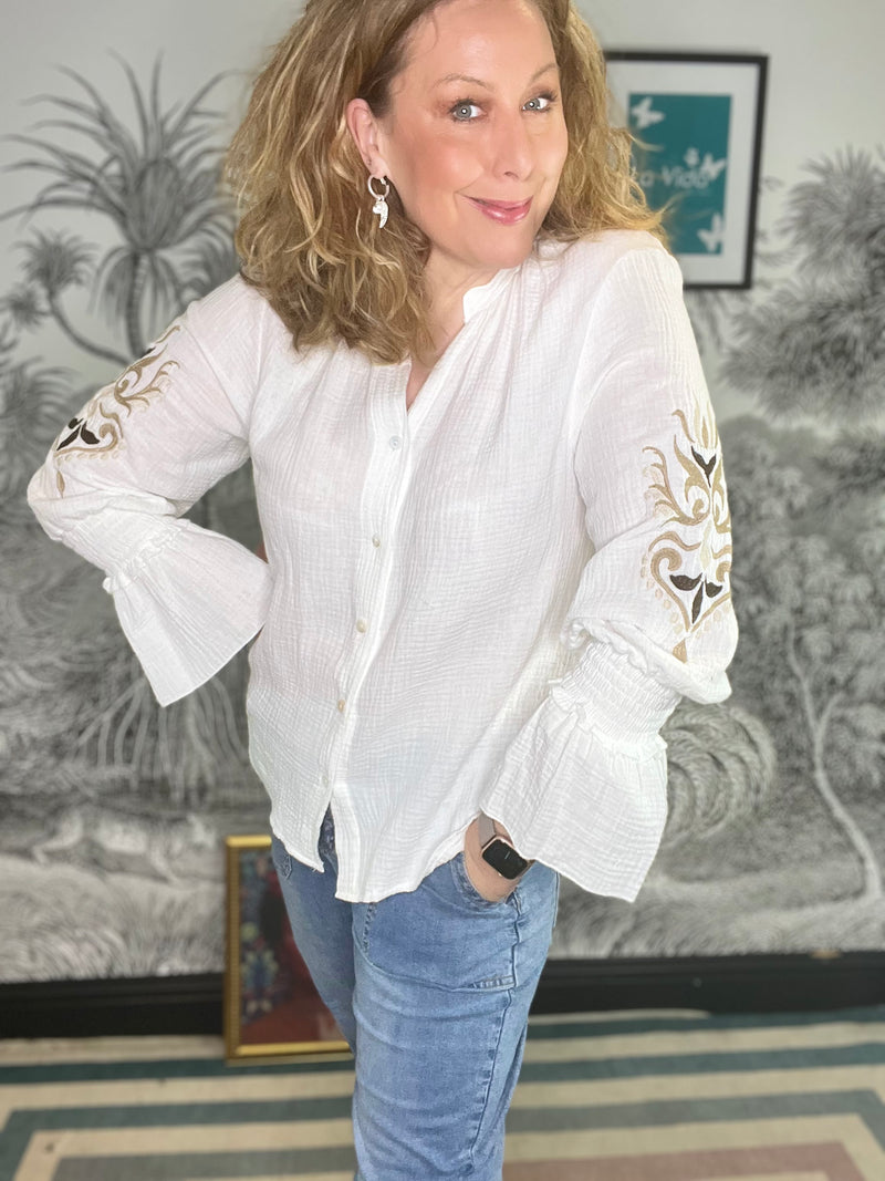 Carly Embroidered Sleeve Blouse with Flute Cuff
