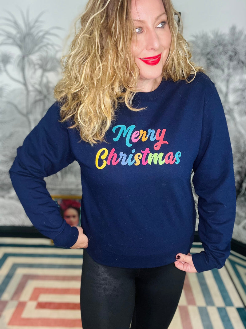 Rainbow Merry Christmas Sweatshirt in Navy