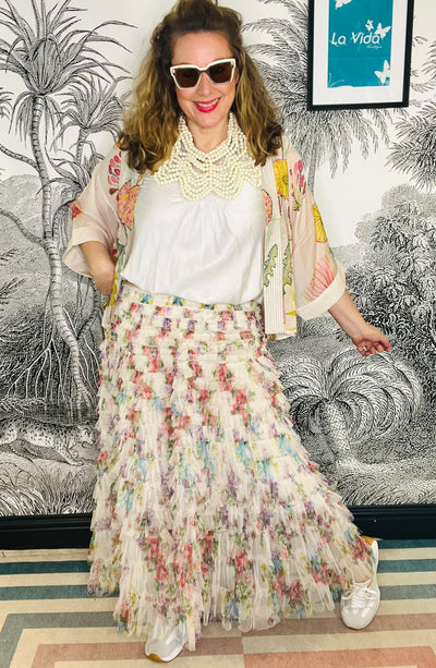 Carrie's Tulle Midi Skirt in Pretty Floral