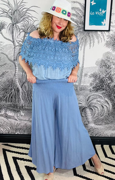 Sarah's Wide Exquisite Crochet Detail Bardot Longer Top