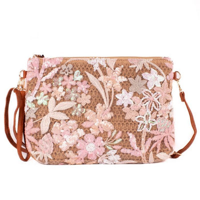 Raffia Clutch Bag with Floral Appliqué