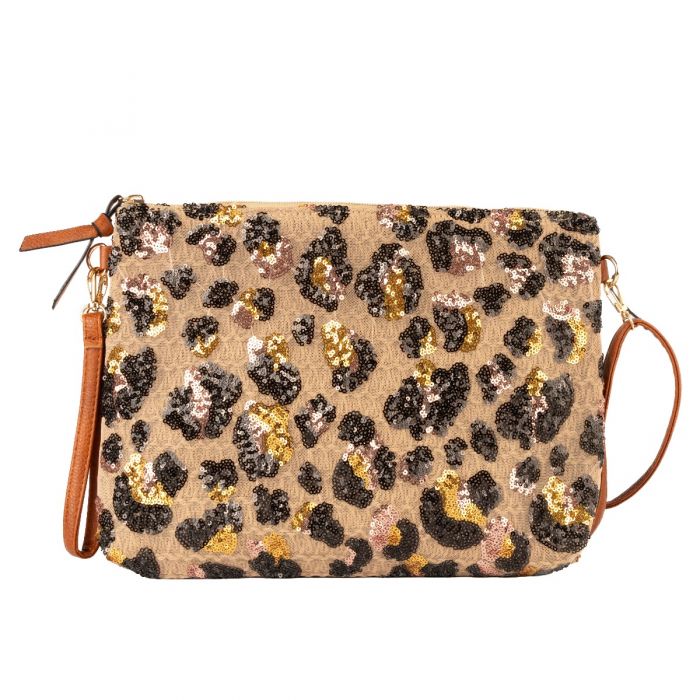 Raffia Clutch Bag with Leopard Appliqué