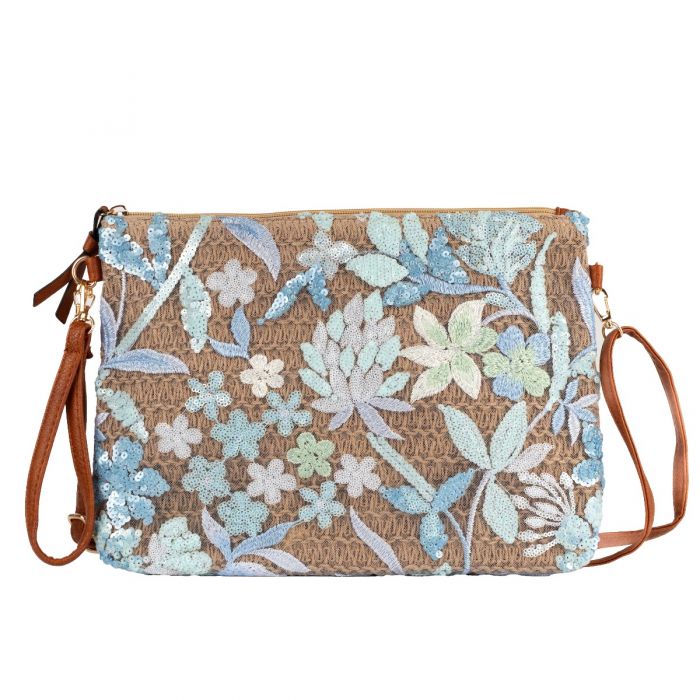 Raffia Clutch Bag with Floral Appliqué