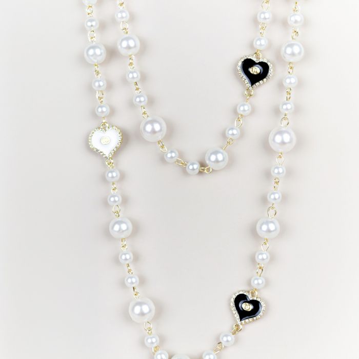 Chunky Pearl & Sparkle Heart Long Necklace