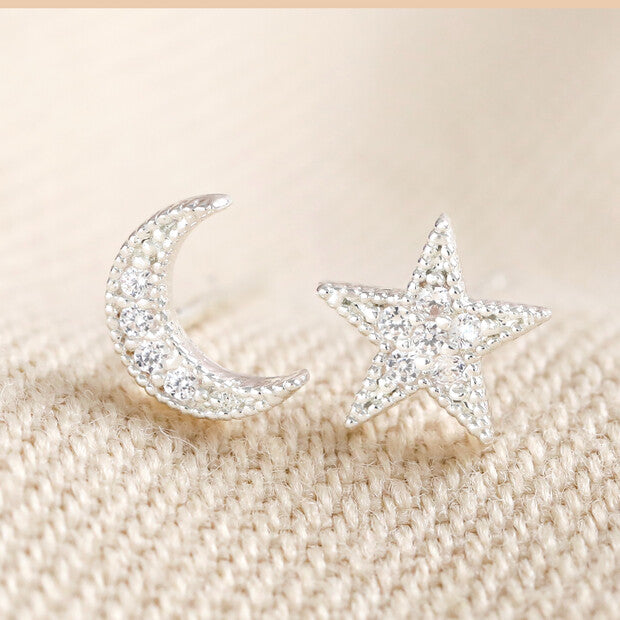 Moon & Star Crystal Stud Earrings in Silver