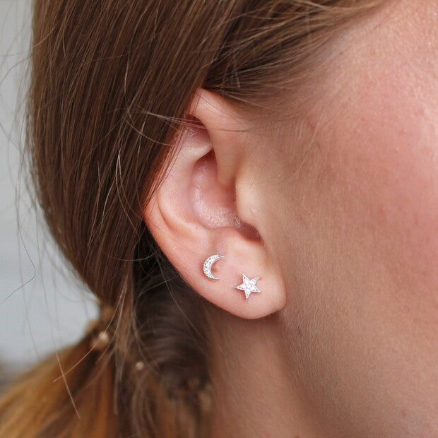 Moon & Star Crystal Stud Earrings in Silver