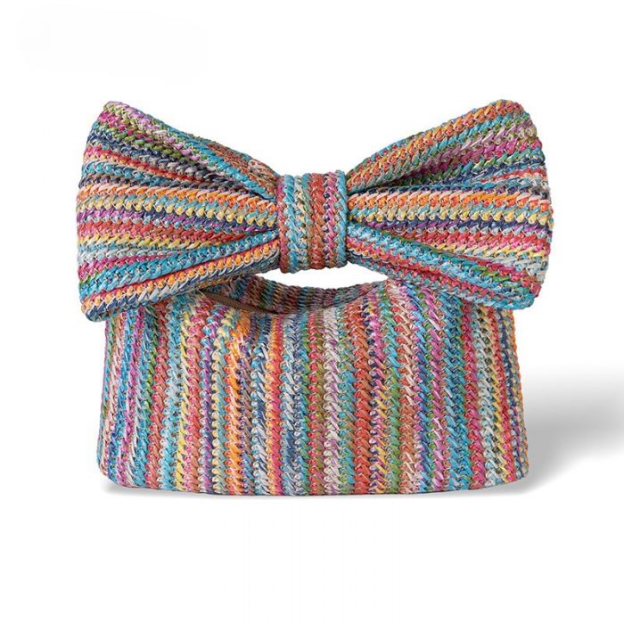 Bow Handle Raffia Grab Bag in Multi Stripe
