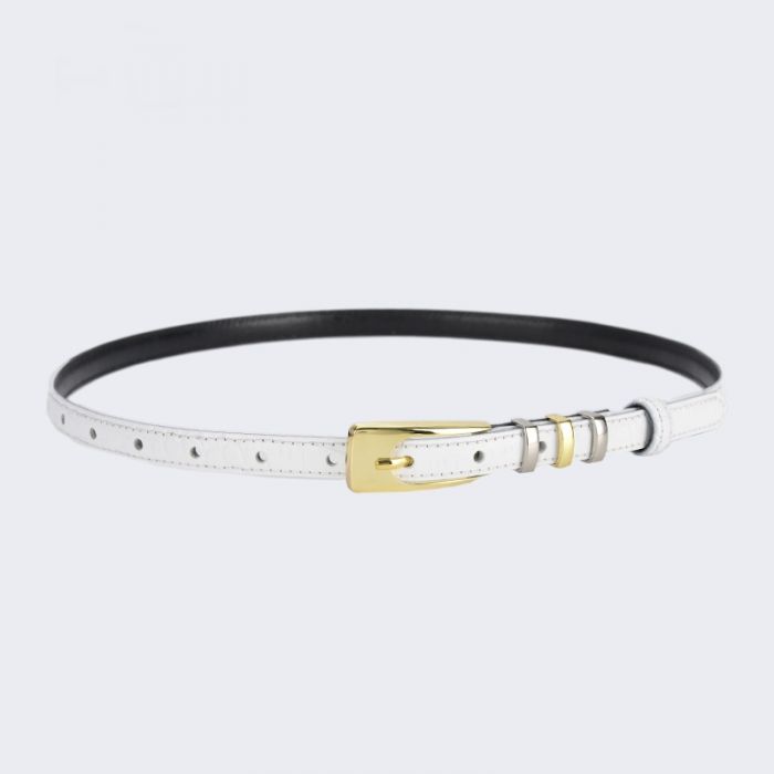 Genuine White Leather Skinny Belt with Mixed Hardware