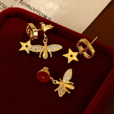 Bee & Star Drop Earrings in Gold Tone