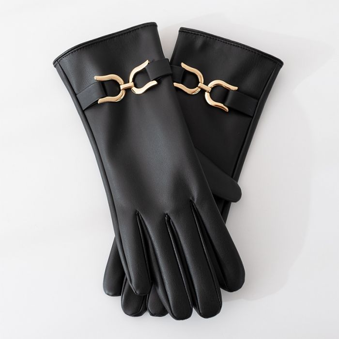 Gold Buckle Faux Leather Gloves