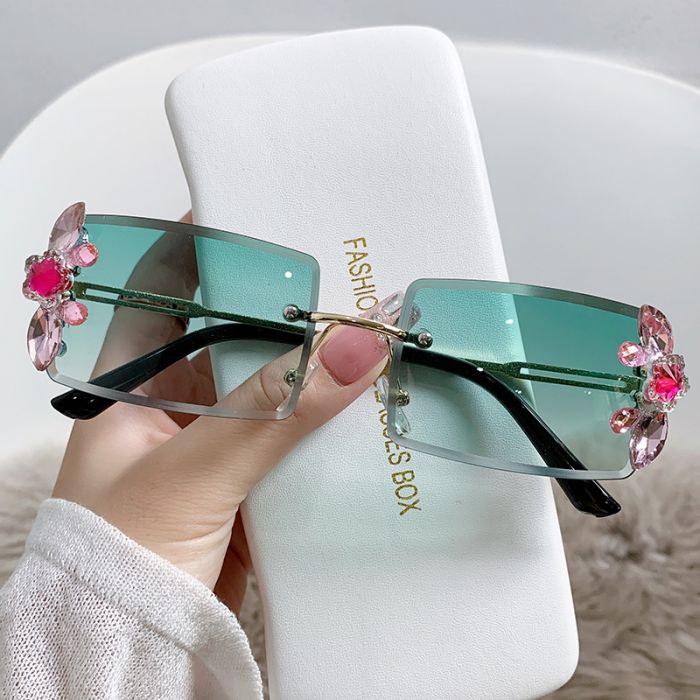 Rimless Rectangle Embellished Sunglasses