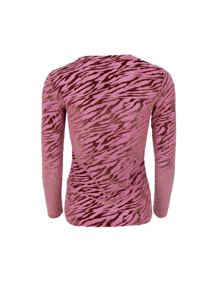 Zenia Zebra Flocked Mesh Top in Berry Rose
