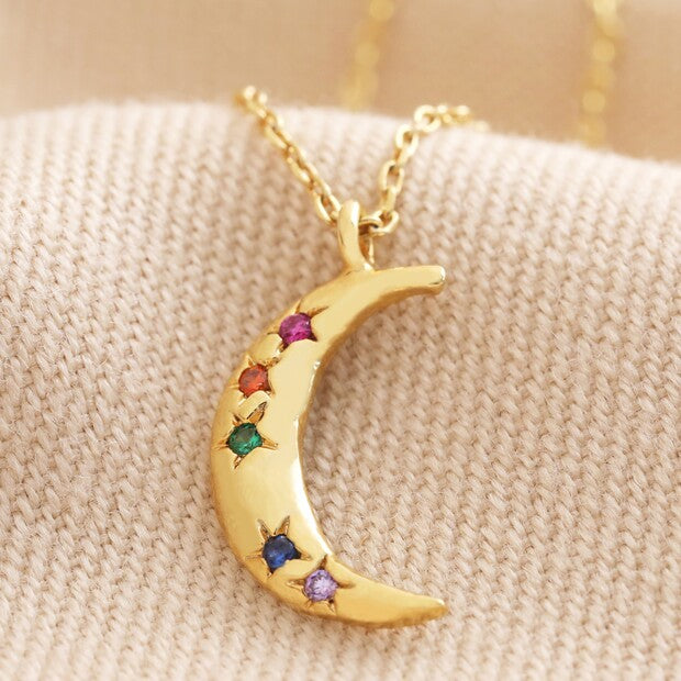 Rainbow Crystal Crescent Moon Necklace in Gold