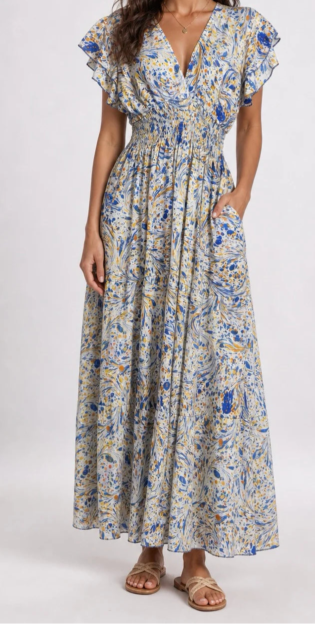 Frigiliana Flutter Sleeve Cinched Waist Maxi Dress