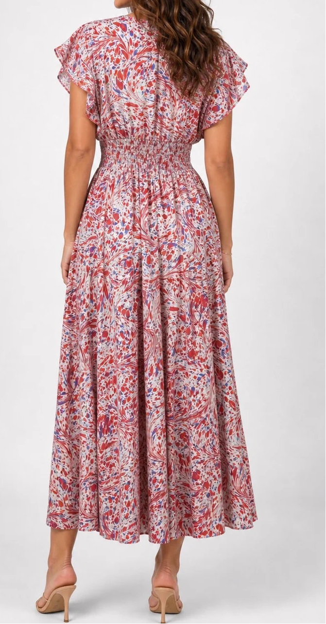 Frigiliana Flutter Sleeve Cinched Waist Maxi Dress