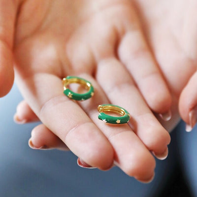 Starry Green Enamel Hoop Earrings