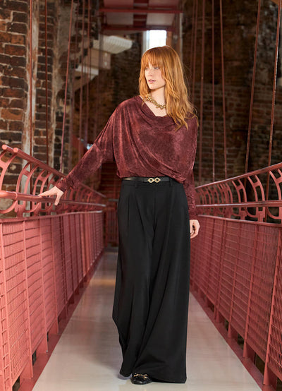 Tessa Flocked Floral Cowl Top in Plum