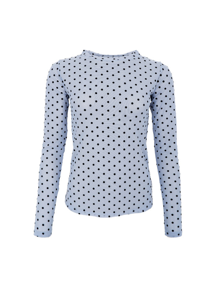 Jennie Flocked Polka Dot Mesh Top in Jeans Blue